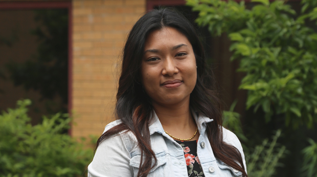 AITP Scholarship Recipient Sani Shrestha standing outside of the Magdalen Chapel at La Roche University